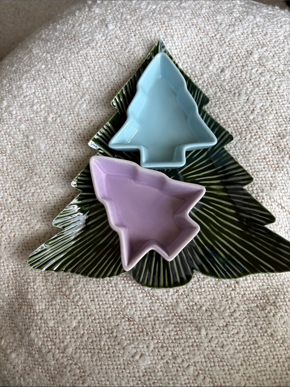 Creative Co-Op Green Tree Platter with Pastel Blue and Lavender Tree Dishes